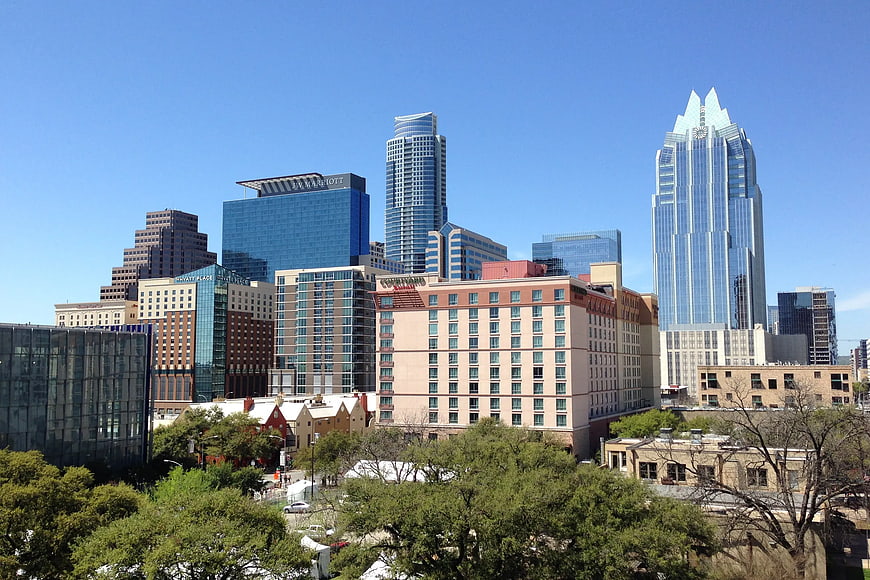 Austin Texas skyline with Frost Bank Tower and blue sky