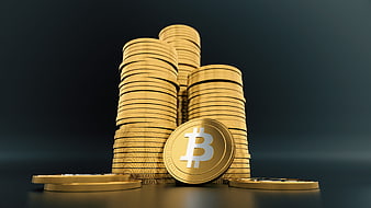 Stacks of Gold Bitcoin Coins on Dark Background