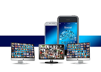 Multi-Device Social Media Network Concept With Smartphones And Desktop Monitors