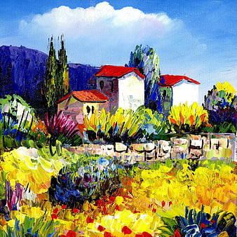 Vibrant oil painting of Mediterranean village with red roofs
