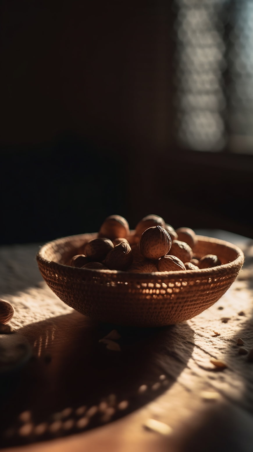 Rustic woven bowl of walnuts in warm sunlight