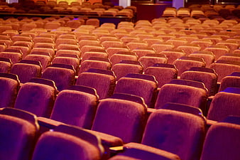 Empty Theater Auditorium With Rows Of Purple And Orange Seats
