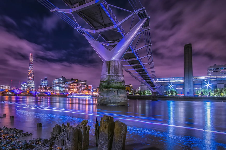 London skyline at night with The Shard and Millennium Bridge