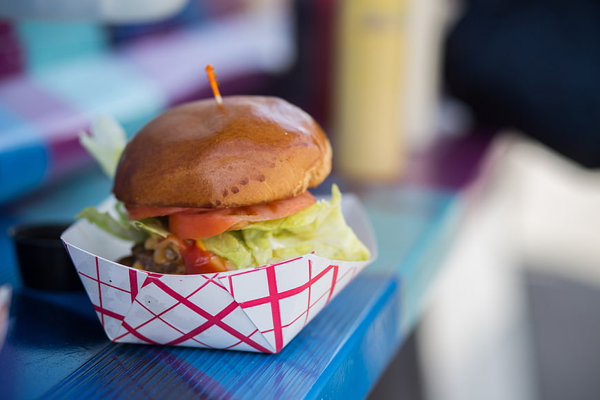 Delicious Burger in Red Checkered Takeout Box