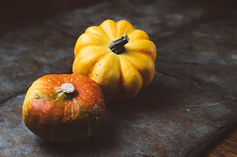 Two small decorative pumpkins on a rustic dark stone surface
