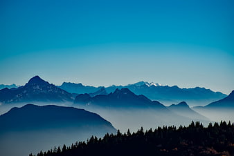 Blue mountain landscape with mist and forest silhouette