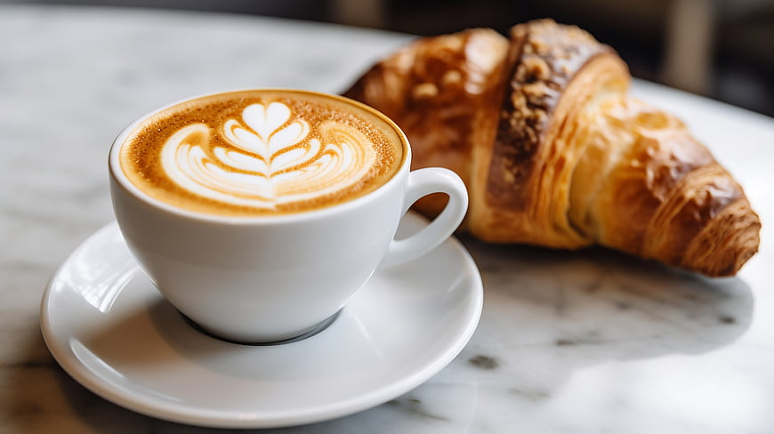 Cappuccino with Latte Art and Croissant on Marble