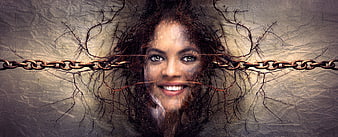 Surreal woman's face emerging from cracked wall with chains