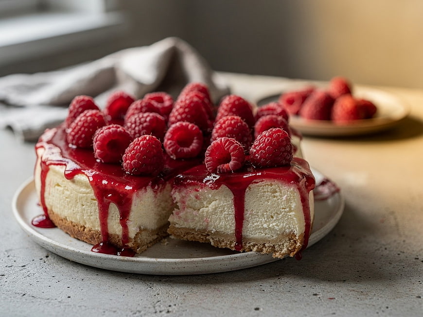 Raspberry Cheesecake with Glaze and Fresh Berries