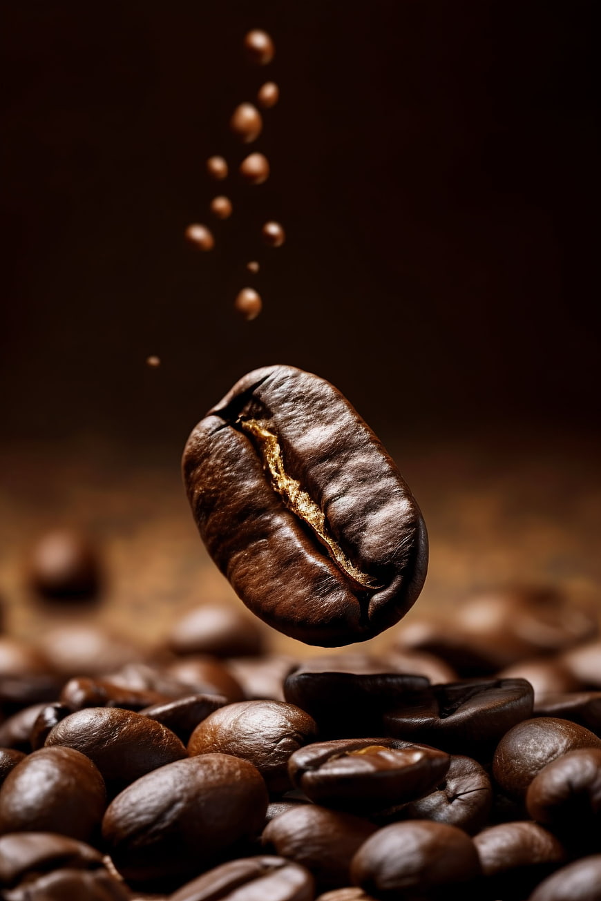 Close-up of falling roasted coffee beans