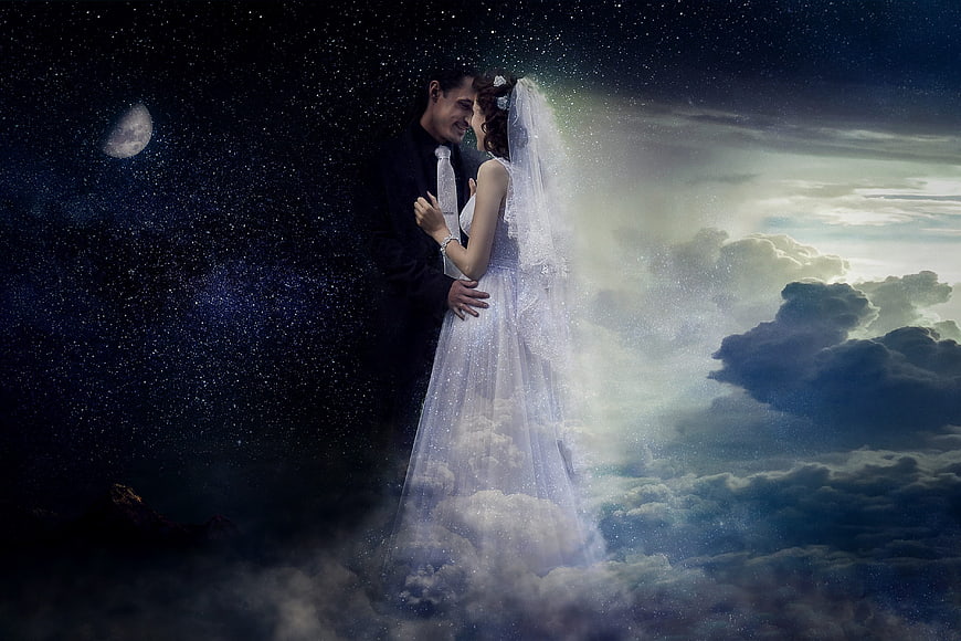 Romantic Wedding Couple Embracing Under Starry Night Sky