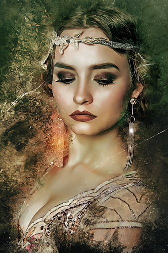 Artistic portrait of a woman with vintage jewelry and textured background