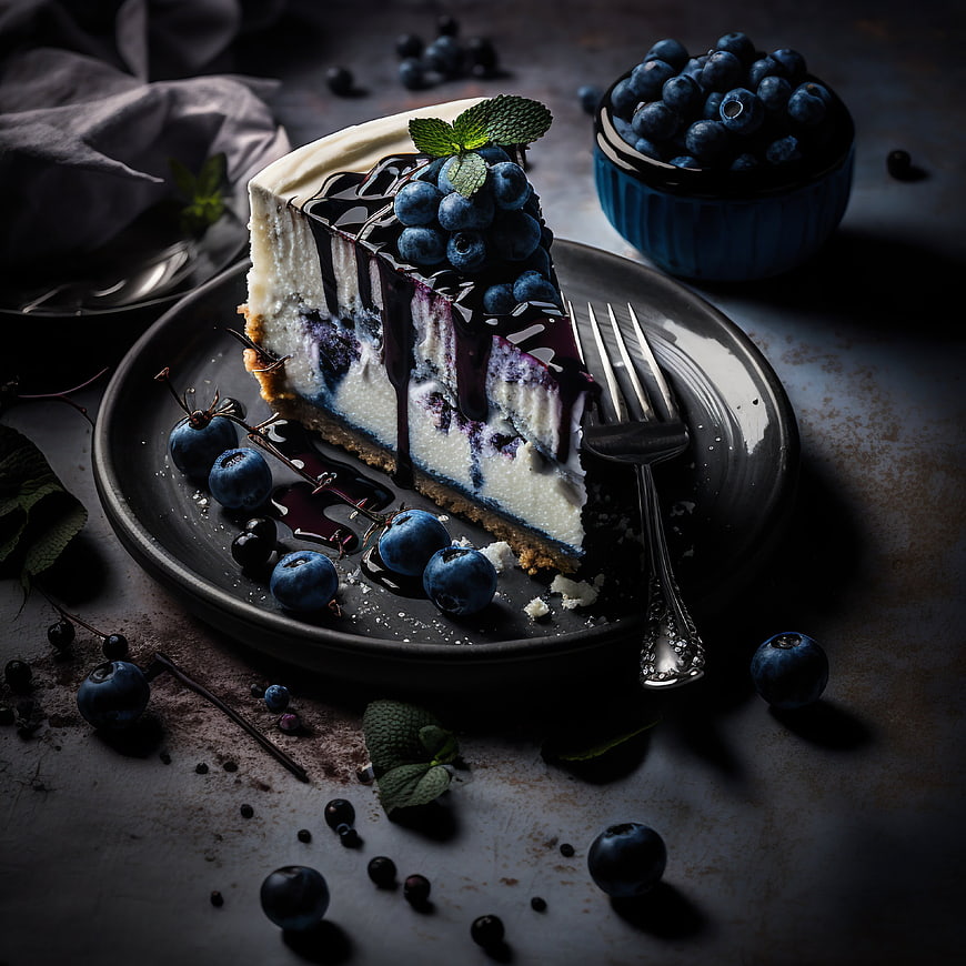 Dark moody blueberry cheesecake slice with mint garnish