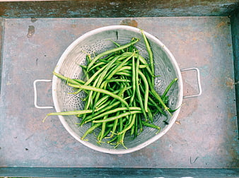 Fresh Green Beans in Metal Colander Top View