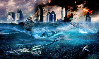Post-Apocalyptic City Flooded by Tsunami with Fire and Debris