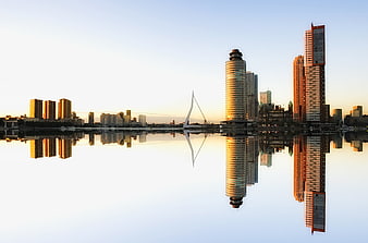 Rotterdam Skyline with Erasmus Bridge and Reflections at Sunset