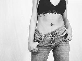 Black and White Portrait of Woman in Jeans and Bra
