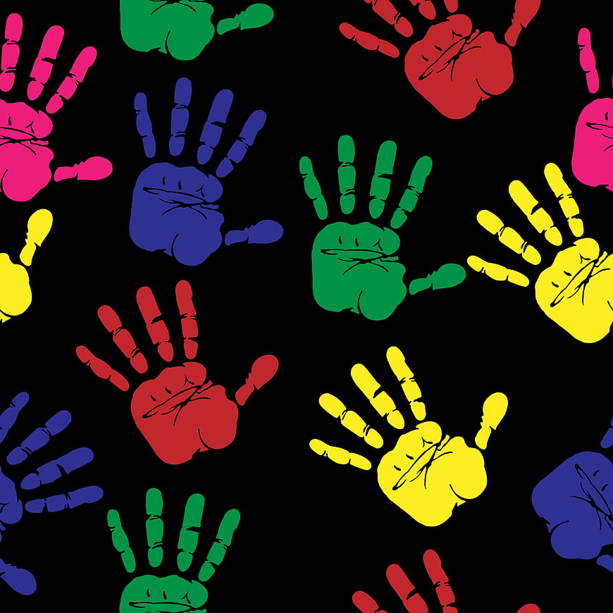 Colorful Handprints Pattern on Black Background