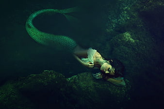 Underwater Mermaid Concept Art With Green Scaled Tail