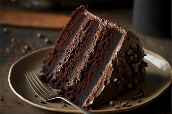 Rich Slice of Layered Chocolate Cake on Plate