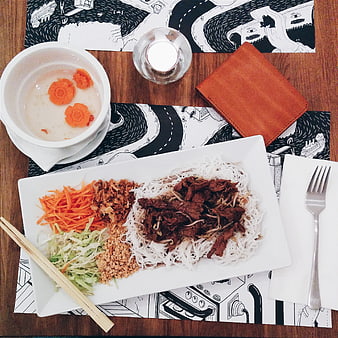 Top view of Vietnamese Bun Bo Nam Bo with beef and noodles