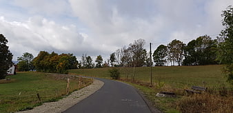 Winding asphalt road through green countryside with autumn trees