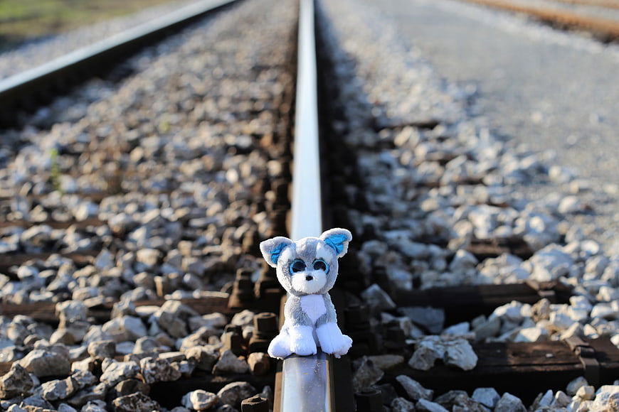 Small gray plush toy sitting on a railway track