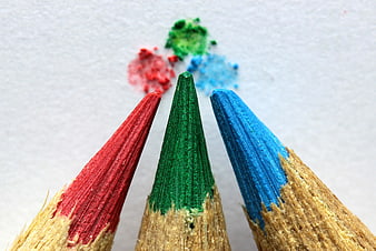 Macro shot of red, green, and blue colored pencil tips