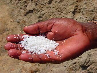 Hand holding coarse white salt crystals on dirt background