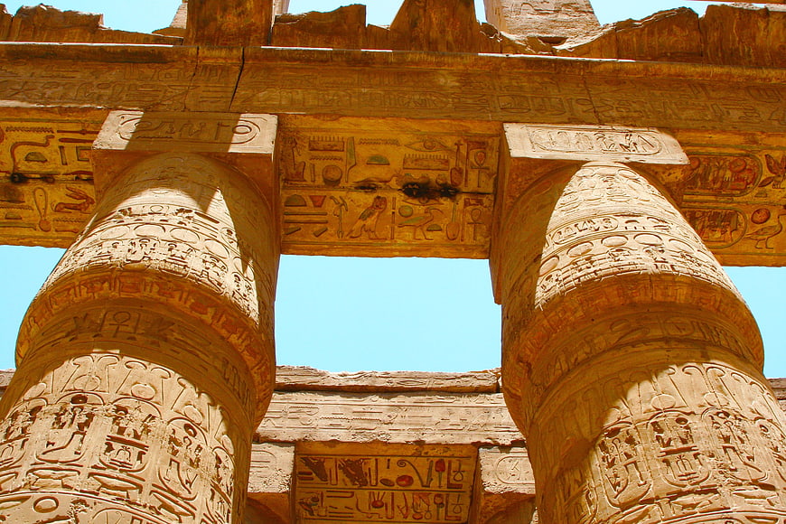 Ancient Egyptian Temple Columns with Hieroglyphs