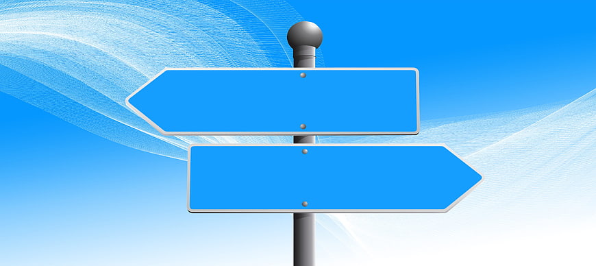 Blue directional signpost with blank arrows on abstract background