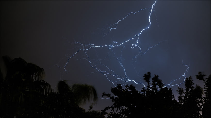 Dramatic Lightning Strike Over Silhouetted Trees at Night