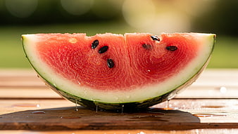 Juicy Watermelon Slice on Wooden Table with Water Drops