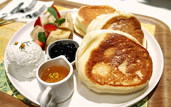 Japanese Souffle Pancakes With Fresh Fruit And Syrup