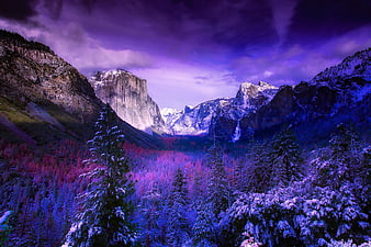 Dramatic Purple Tinted Yosemite Valley Winter Landscape