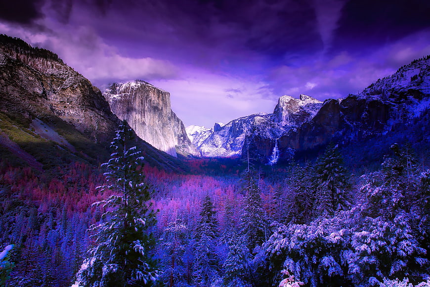 Dramatic Purple Tinted Yosemite Valley Winter Landscape