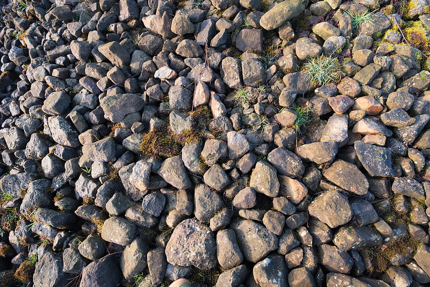 Top-down view of rocky terrain with moss and grass