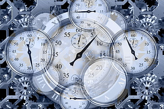 Abstract Time Management Concept With Overlapping Stopwatches And Gears