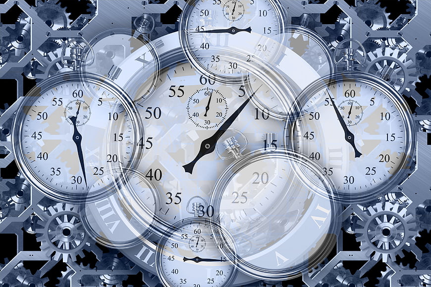 Abstract Time Management Concept With Overlapping Stopwatches And Gears