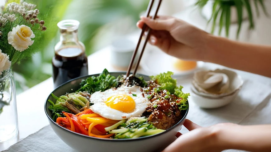 Colorful Bibimbap Bowl with Fried Egg and Fresh Vegetables