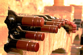 Red wine bottles stored in a rustic brick wine cellar