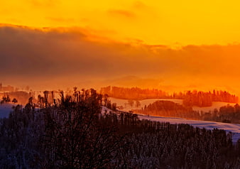 Dramatic Orange Sunset Over Snowy Winter Forest Landscape