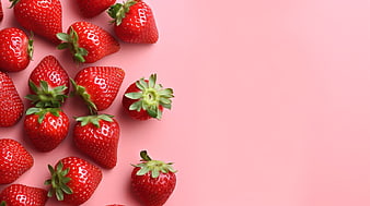 Fresh Strawberries on Pink Background Flat Lay