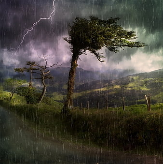 Dramatic Stormy Mountain Landscape with Lightning and Rain