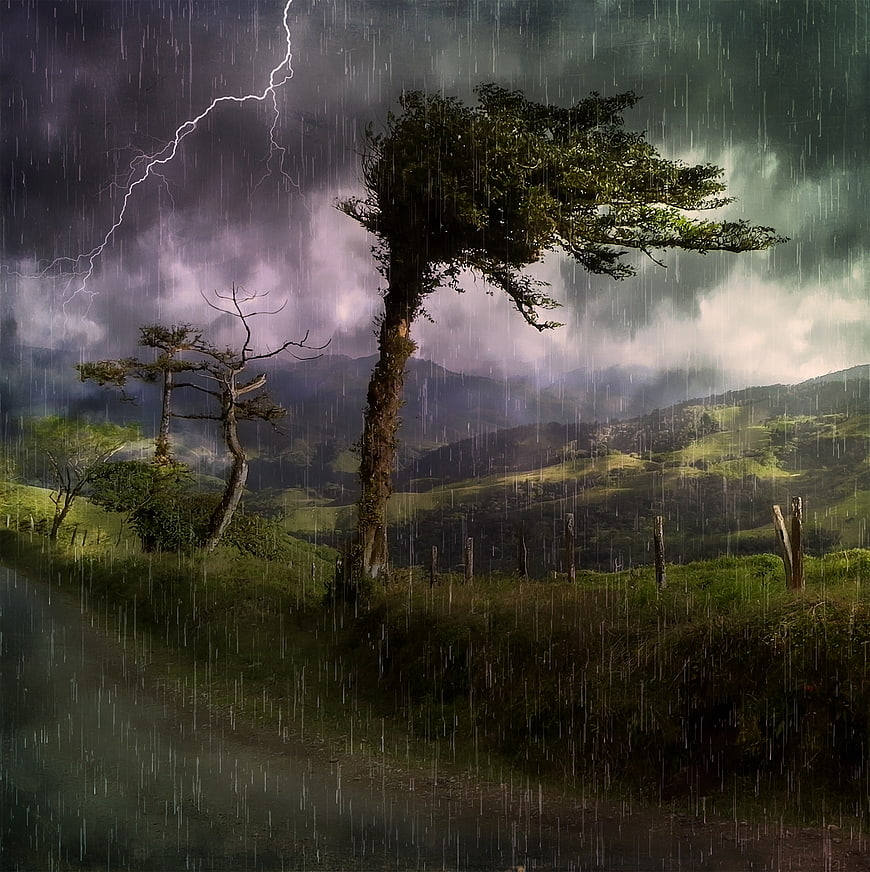 Dramatic Stormy Mountain Landscape with Lightning and Rain