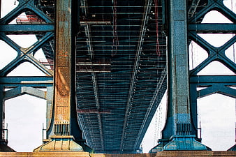 Low angle view of blue steel bridge truss architecture