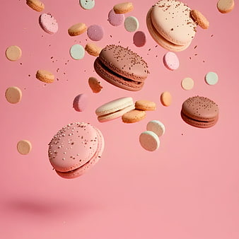 Colorful macarons floating in mid-air on pink background