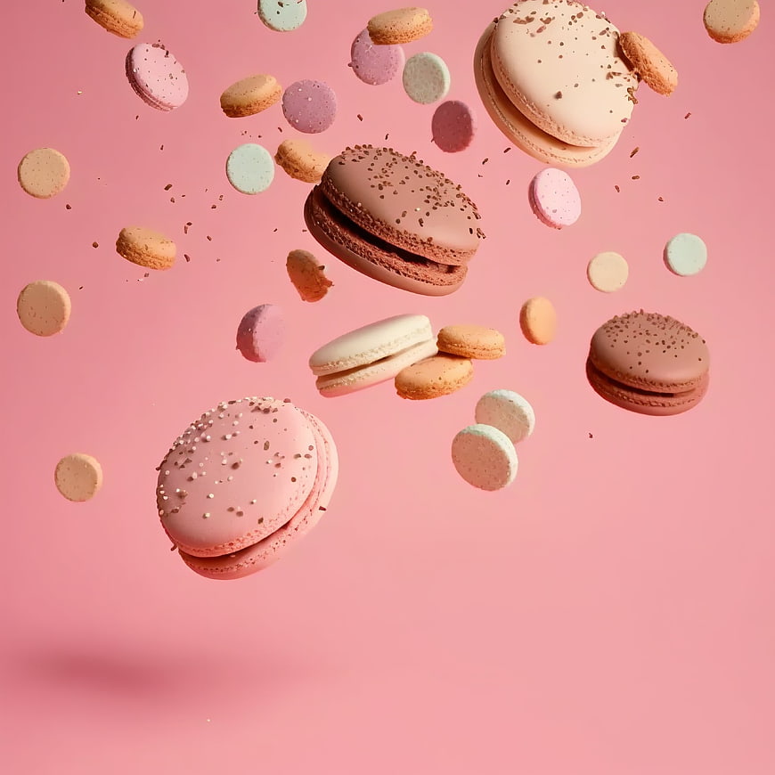Colorful macarons floating in mid-air on pink background