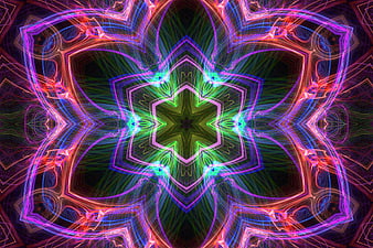 Vibrant neon kaleidoscope pattern with symmetrical star design