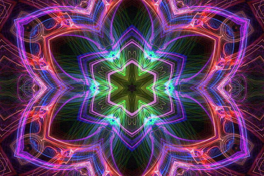 Vibrant neon kaleidoscope pattern with symmetrical star design